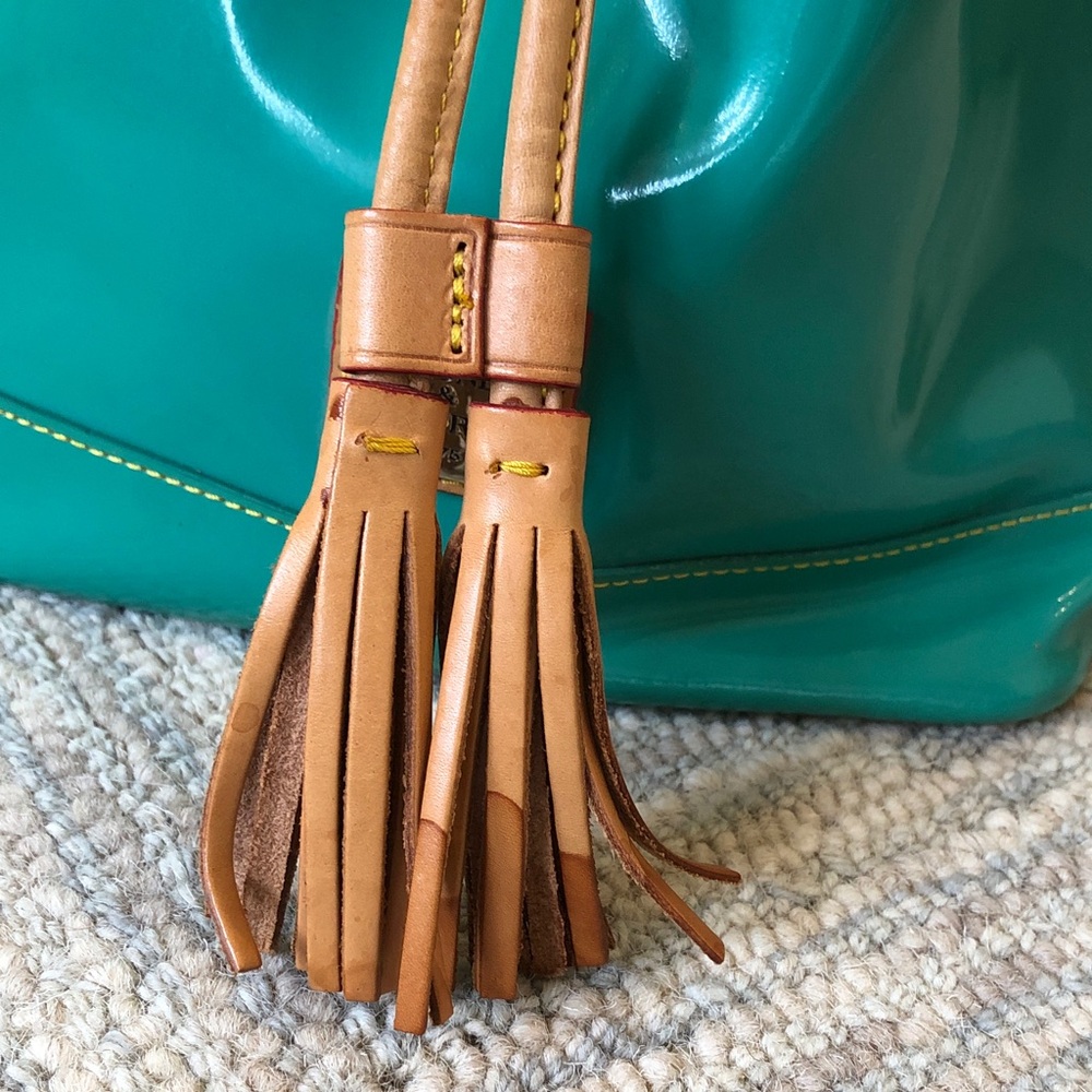 Dooney & Bourke Teal Patent Leather Drawstring Bucket Bag with Tan Trim - Picture 13 of 16